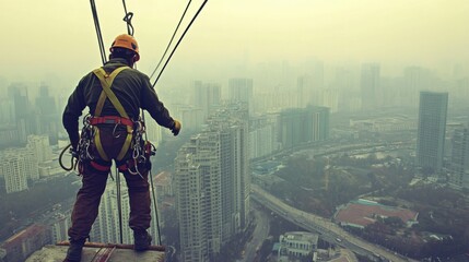 Naklejka premium Highrise worker overlooking cityscape.