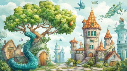Fototapeta premium Enchanted Fairy Tale Castle with Serpent and Magical Creatures