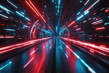 A futuristic tunnel with vibrant red and blue neon lights, creating a dynamic and energetic atmosphere.