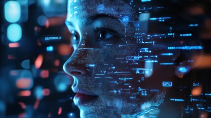 Woman, data overlay, futuristic city, night, AI concept