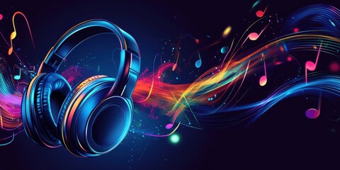Vibrant Headphones and Music Notes Abstract Art: A Symphony of Sound and Color