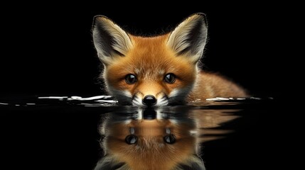 Obraz premium Fox Swimming. Young Red Fox in Water with Reflections, Small Wild Animal