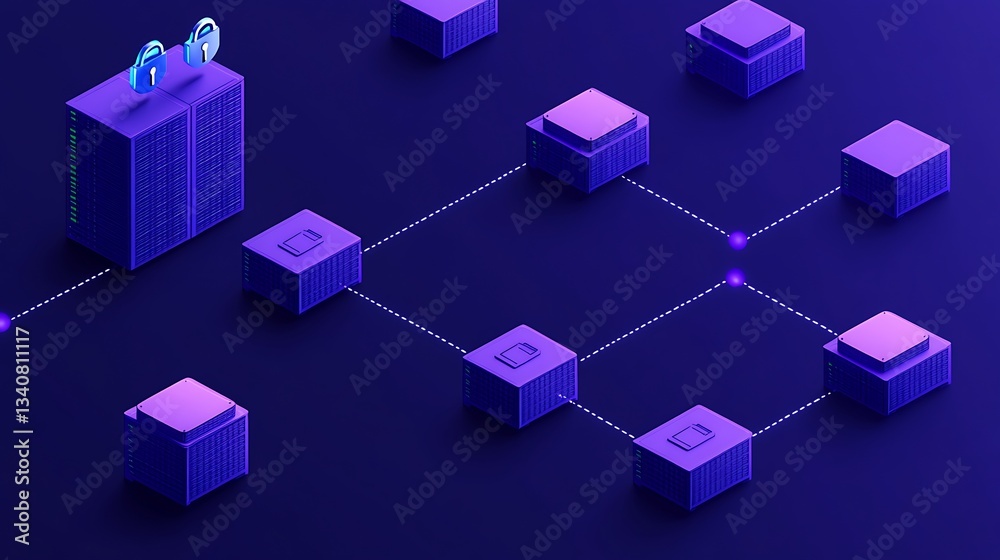 Poster secure data network architecture with encrypted lock symbols and server nodes in purple and blue col