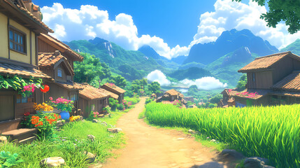 Anime countryside village, peaceful scenery.