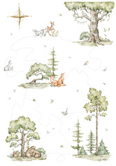 Watercolor fantasy forest map. Poster for nursery. Fairy woodland animals, deer, bear, fox, map tracks, evergreen trees, treehouse. Illustration for covers, cards, invitations