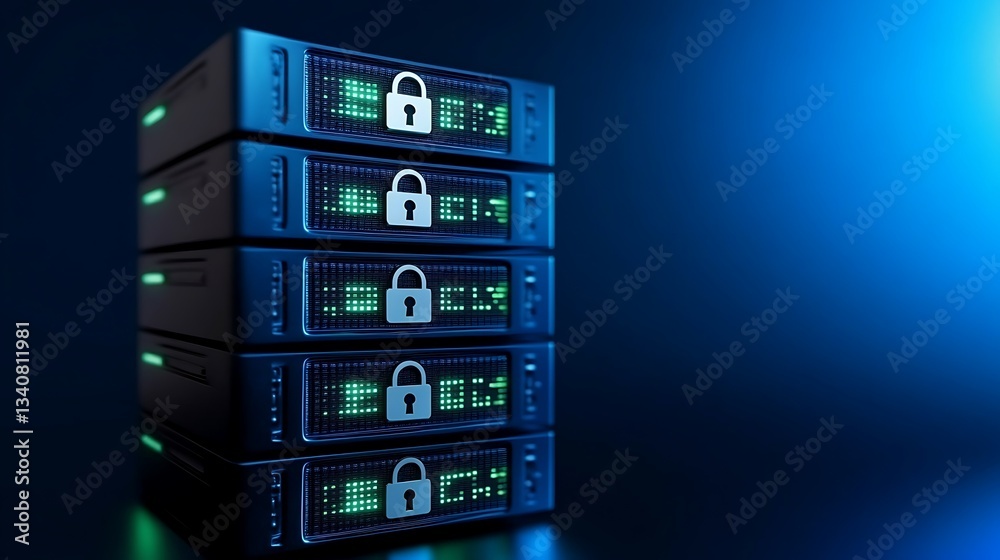 Poster secure data storage solutions with lock icons and digital display in a technology background