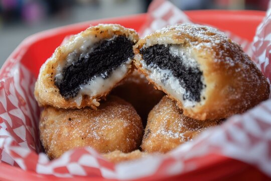 Fried Oreos at the Fair. Irresistible Sweet Food Dessert with Oreo Cookies