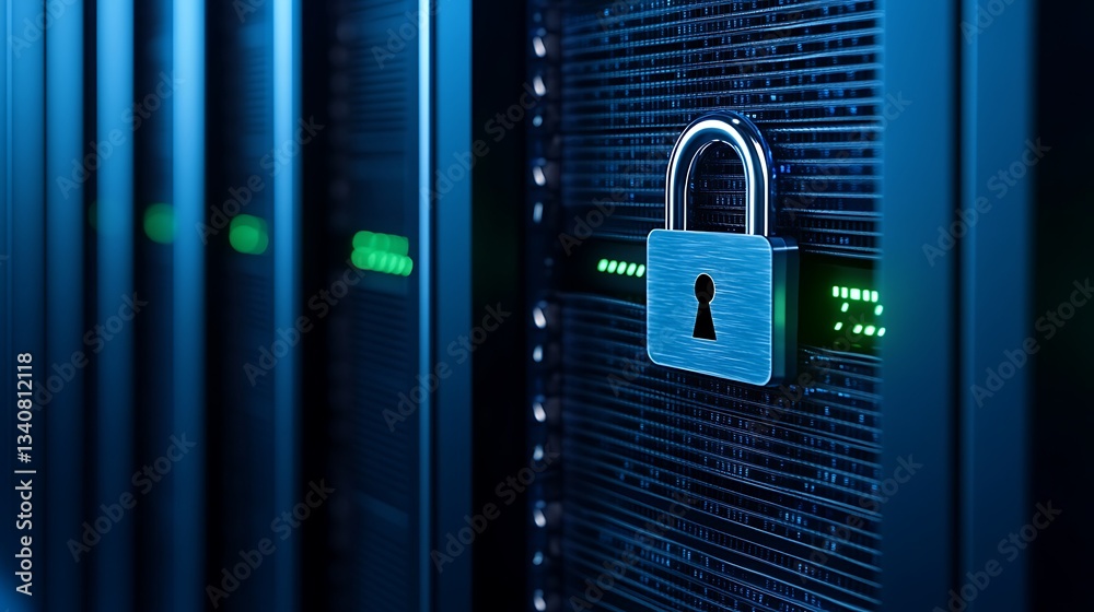 Poster secure data storage with digital lock on server rack in modern data center environment