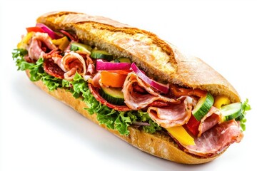 Delicious sandwich filled with fresh ingredients savory deli meat vibrant vegetables on white backdrop