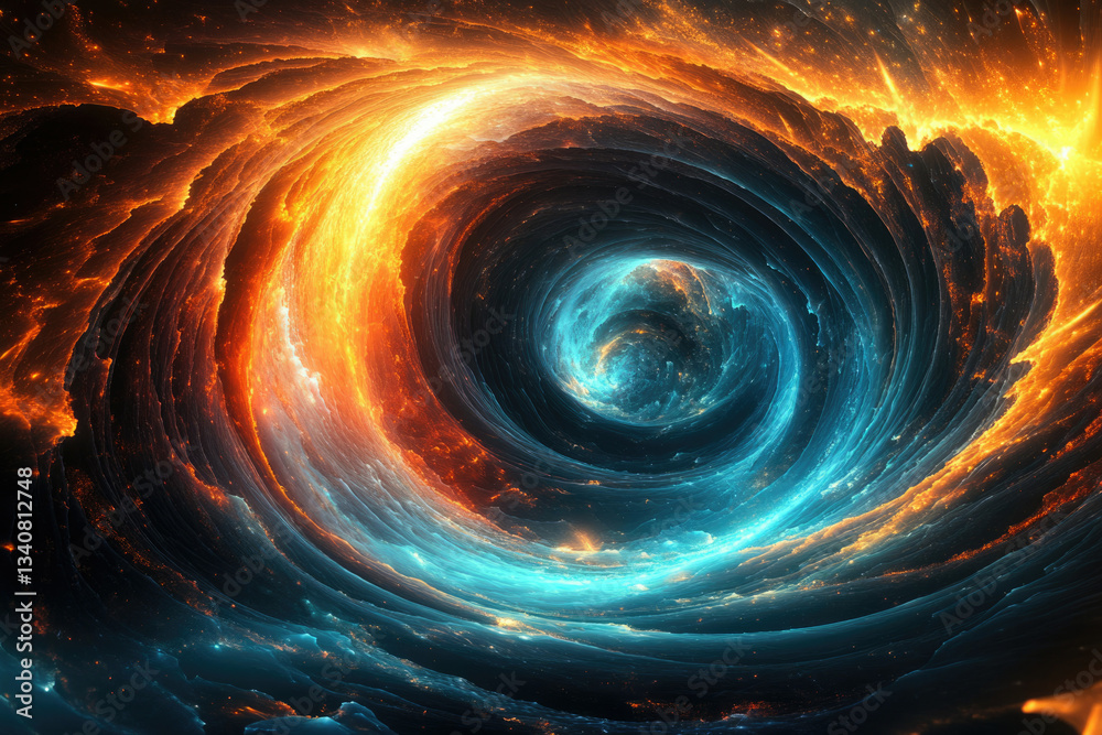 Poster a mesmerizing cosmic swirl of fiery orange and icy blue, creating a visually stunning vortex of cele