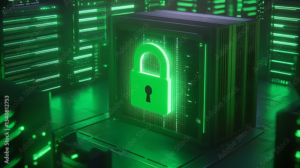 Poster secure digital data storage concept with green lock symbol in high-tech server environment