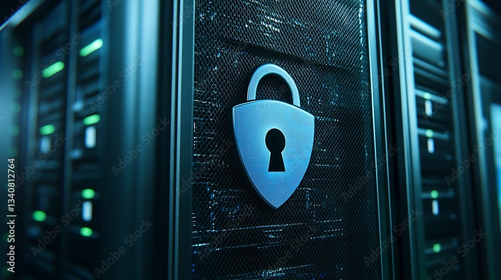 Poster secure digital environment with lock symbol on server rack representing data protection and cybersec