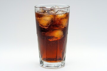 Refreshing moment with iced fizz a close up shot of cool bubbly drink with ice in glass against white backdrop