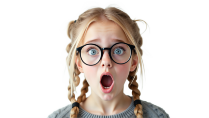 Close-up portrait of a young blonde woman with surprised expression, blue eyes, pigtails, glasses, grey sweater, isolated on transparent background. Ideal for reaction images, avatars.