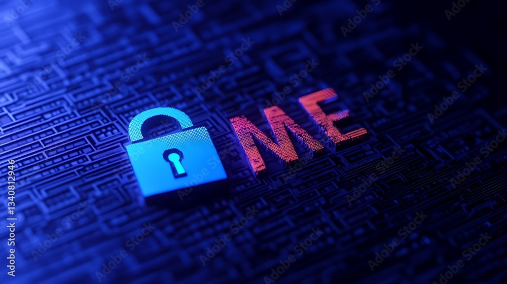 Poster secure digital identity representation with lock symbol and bold text on futuristic circuit backgrou