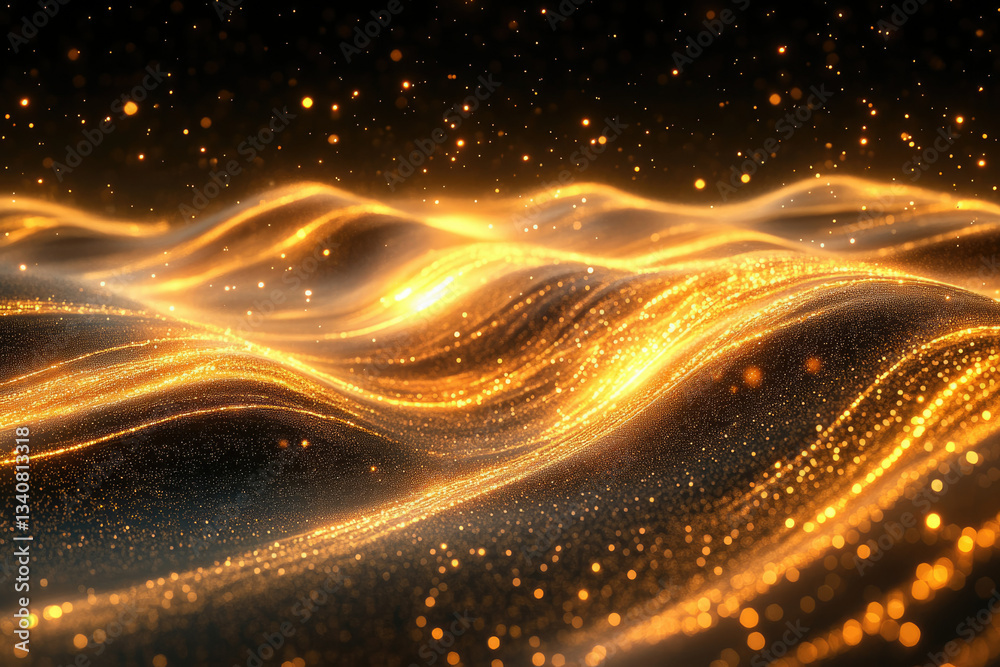 Poster golden, glittering waves shimmer and flow, creating a luxurious and ethereal abstract landscape.