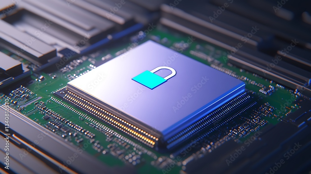 Poster secure digital technology with lock symbol on central processing unit chip in modern computer system