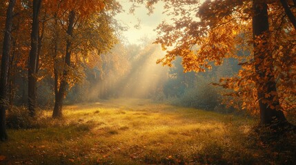 Fototapeta premium Autumnal Forest: Golden Rays of Sunlight Illuminating a Serene Woodland Path
