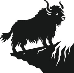 Yak standing on a cliff edge and looking down animal vector silhouette