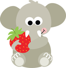 Cute elephant holding a red strawberry