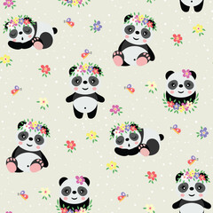 Fototapeta premium Seamless background pattern of spring panda with flowers
