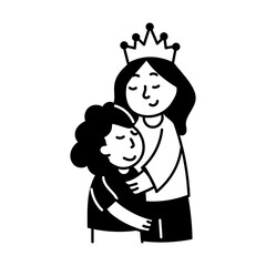 Hand drawn illustration of a mom crown hugging her kid
