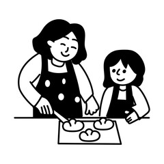 Doodle illustration depicting mom and kid baking cookies
