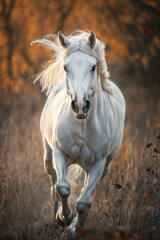 Obraz premium Beautiful white palomino stallion running in autumn meadow