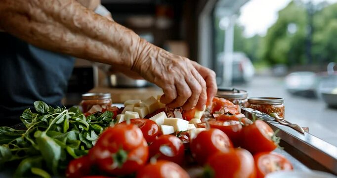 A chef preparing a meal with tomatoes cheese and herbs at a table with natural light from a window background