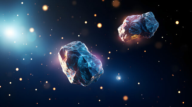 Two diamonds in the air depicting orbiting rocks that are slowly rotating in low gravity environment showcasing the intricacies of space dynamics.