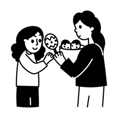Fototapeta premium Mom and daughter celebrating easter, doodle illustration 