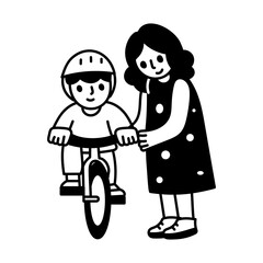 Mom helping son with cycling practice, hand drawn illustration

