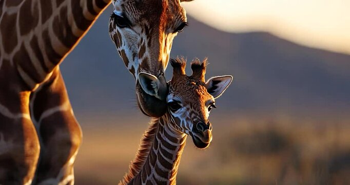 Close-up of two giraffes in a warm sunset. A mother and baby giraffe sharing a moment. The mother nuzzles the baby. Soft focus background