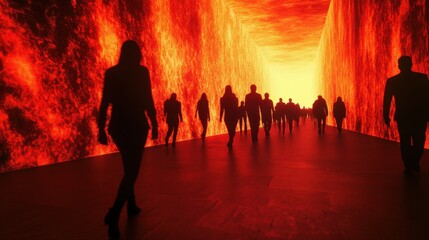 Fototapeta premium Silhouettes walk towards fiery light.