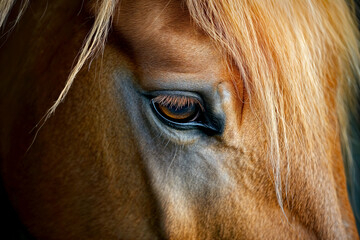 Horse eye close-up. Beautiful portrait of a horse.