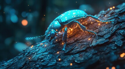 glowing bioluminescent beetle crawling