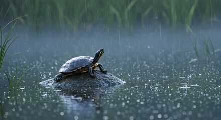 Obraz premium A Pond Slider Rests on a Partially Submerged Rock in a Misty Wetland_
