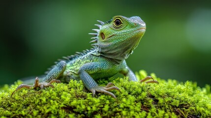 Green Lizard on Mossy Bank in Rainforest