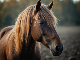 Portrait of a beautiful bay horse with long mane