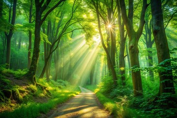 Obraz premium Sunlit Lush Green Forest Path: Nature Background with Sunlight Dappled Leaves & Trees