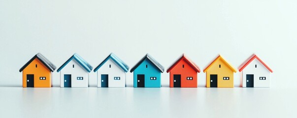Colorful miniature houses arranged in row, showcasing various designs and vibrant colors. This evokes sense of community and creativity in home design