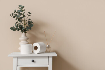 Rolls of toilet paper, aroma sticks and vase with eucalyptus twigs near beige wall in room