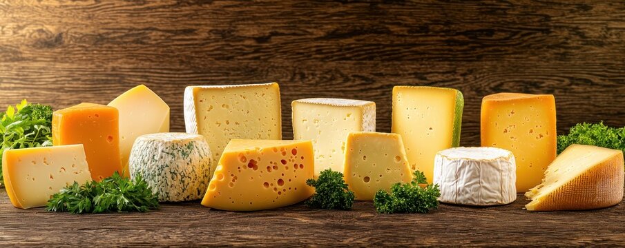 Assorted artisanal cheese varieties on rustic wood surface capturing culinary richness and gourmet cheese tasting with natural light