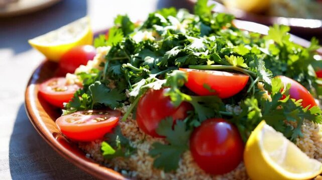 Fresh tabbouleh salad, vibrant parsley, tomatoes, and bulgur with lemon wedges, Middle Eastern ceramic plate, bright natural light
