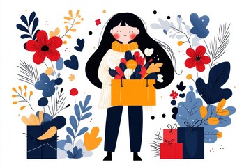 A playful 2D illustration of a girl carrying a shopping bag filled with fresh flowers, drawn in bold, cheerful colors on a white background