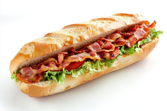 Delicious baguette sandwich filled with crispy bacon fresh lettuce and juicy tomato on white