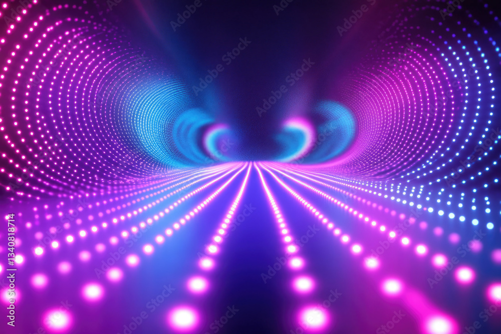 Poster abstract neon tunnel with vibrant pink and blue lights creating a futuristic, dynamic pathway.