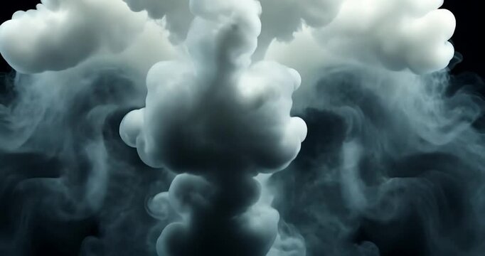 White smoke or vapor plumes against a black background creates a dynamic abstract form with light and shadow. The video emphasizes texture and form
