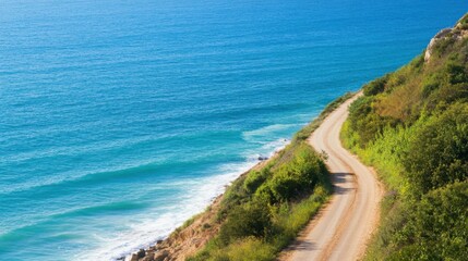 Coastal dirt road along cliff with ocean view and greenery