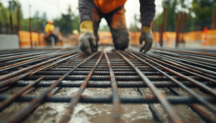 Workers are carefully positioning steel rebar to reinforce concrete foundations on a construction site while cranes stand in the background